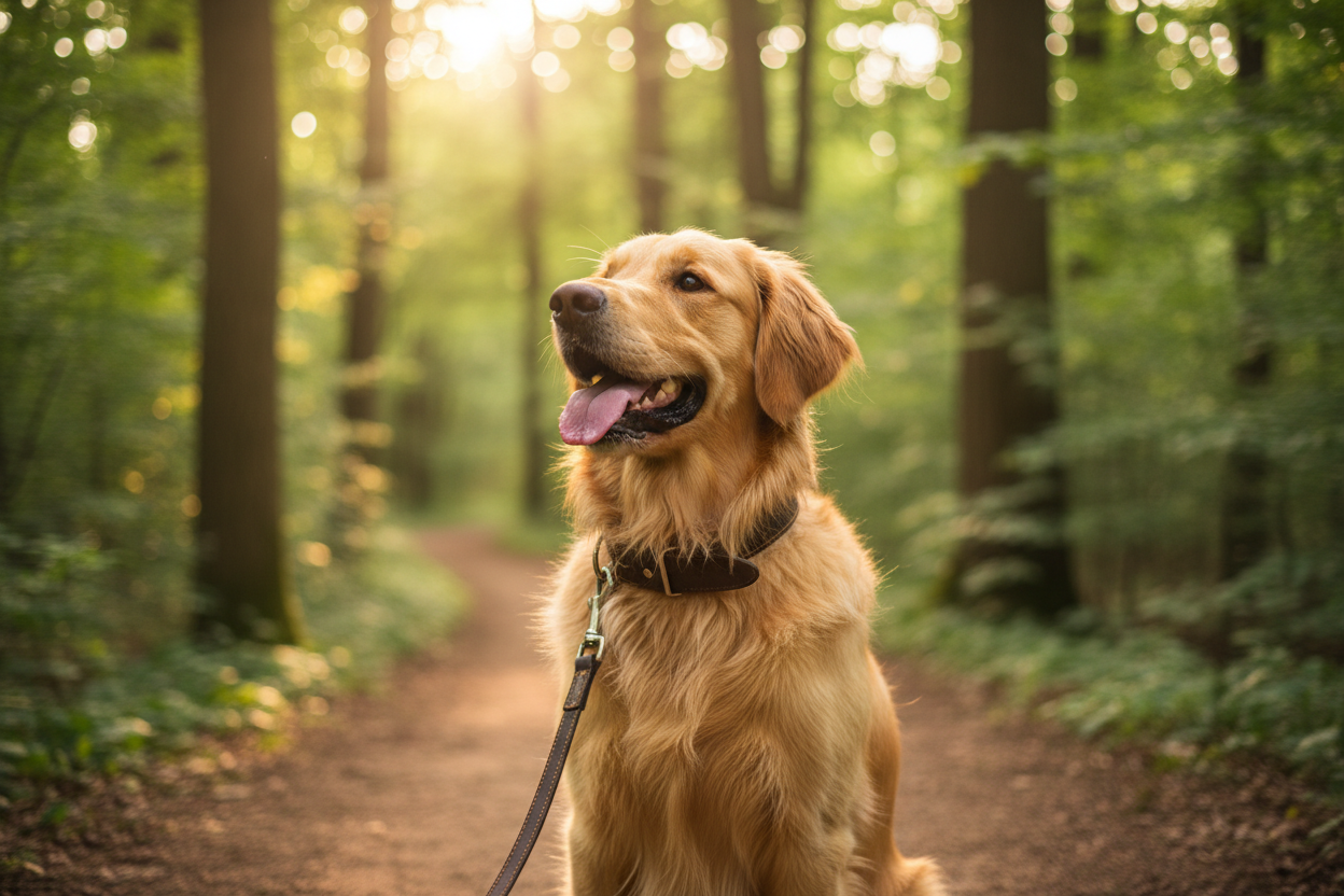 Golden Retriever on Forest Path