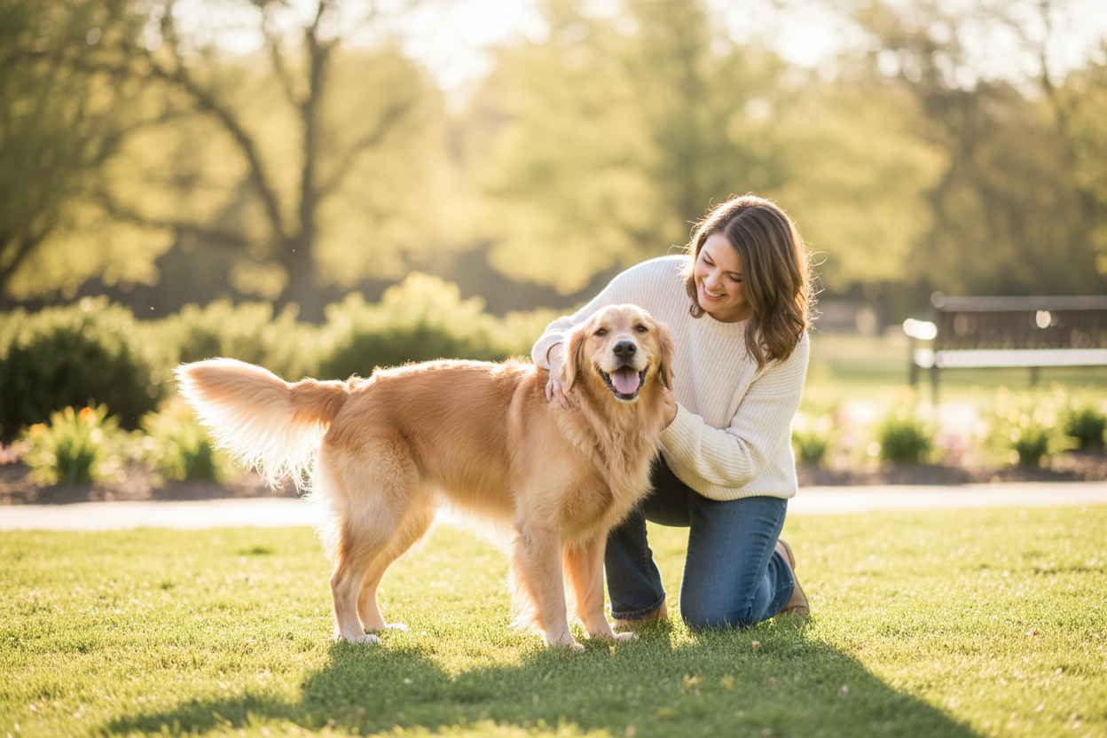 Person Petting Dog at Golden Hour
